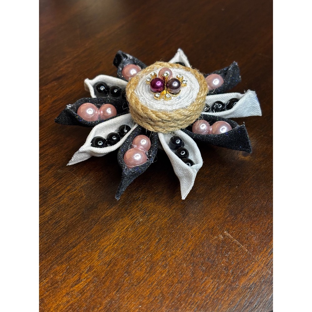 Handmade Denim Flower Magnet Black White Faux Pearl Jute - 3 - Picture 5 of 5